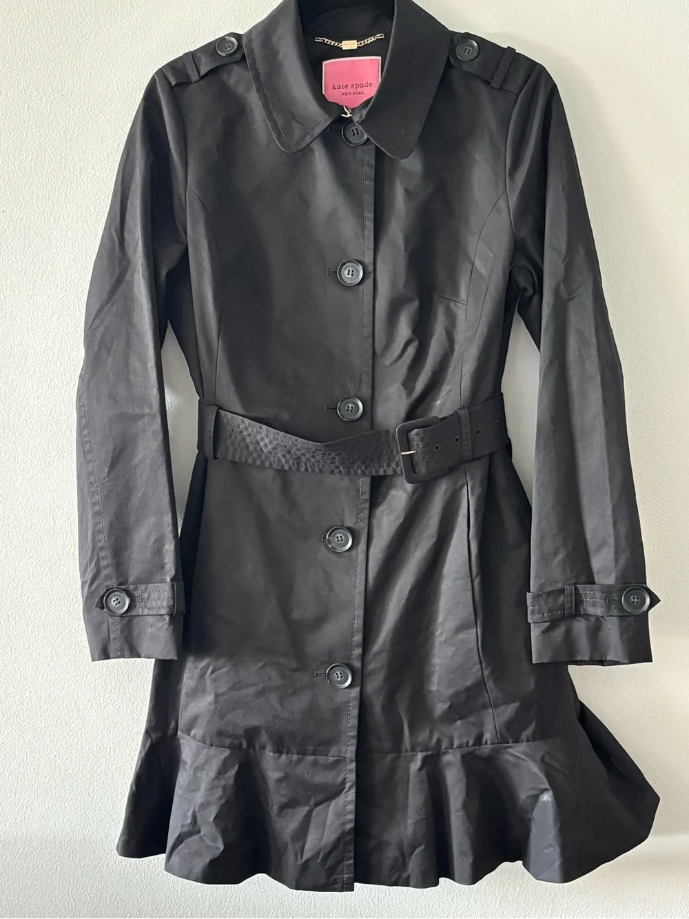 kate spade Ruffle Hem Black Belted Trench Coat Small Black